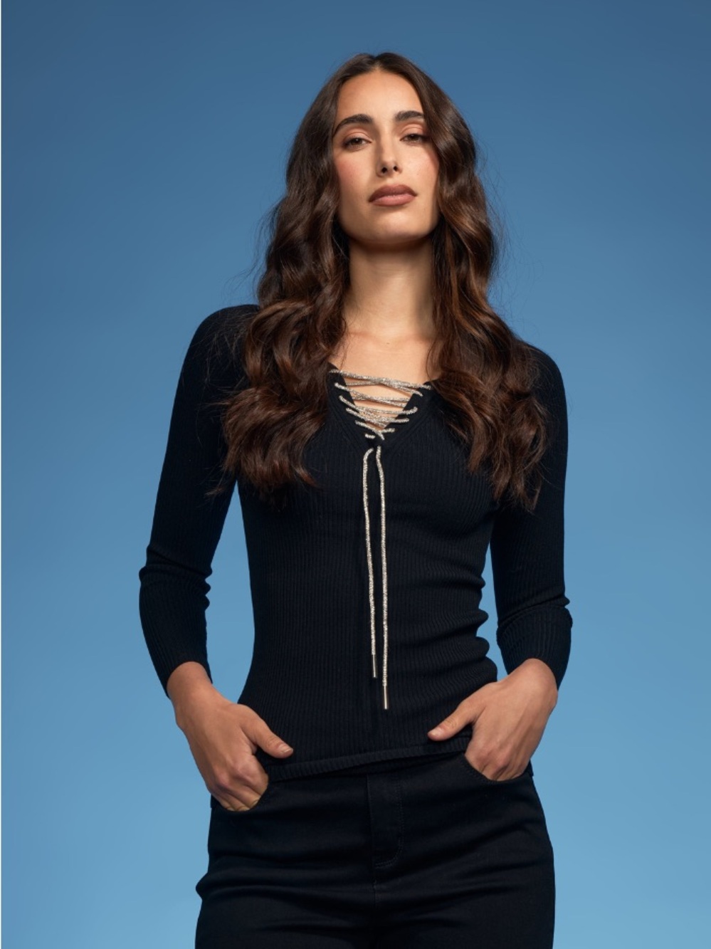 GUESS NWOT Ribbed Lace-Up Black Women's Sweater